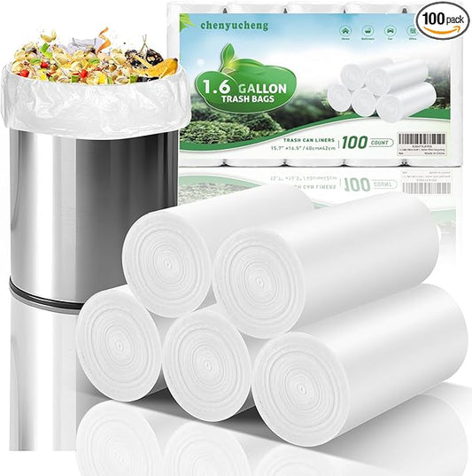 1.6 Gallon White Small Trash-Bags For Bathroom - Mini Garbage Bags 100 Count 6 Liter (Fit 1.3-1.5Gal) Unscented Compostable Biodegradable Tiny Waste Basket Liners Kitchen Office Chenyucheng