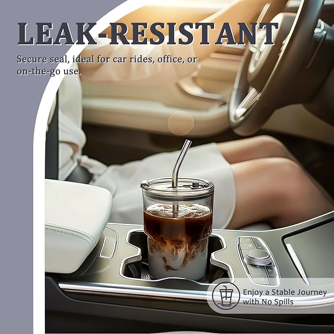2 Packs Glass Tumbler with Lid and Straw 13 oz Cute Ice Coffee Cup Set Bulk Vasos de Vidrio Con Tazas Para Cafe Cocina Accesorios Home Bar Accessories New House Warming Gift Kitchen Stuff