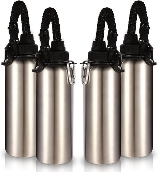 Volhoply Insulated Water Bottles Bulk 4 Pack, 40 oz Stainless Steel Sports Bottle with Paracord Handle & Spout Lid, Double Walled Vacuum Travel Water Cups with Wide for Adults Hiking(Silver,4 Set)