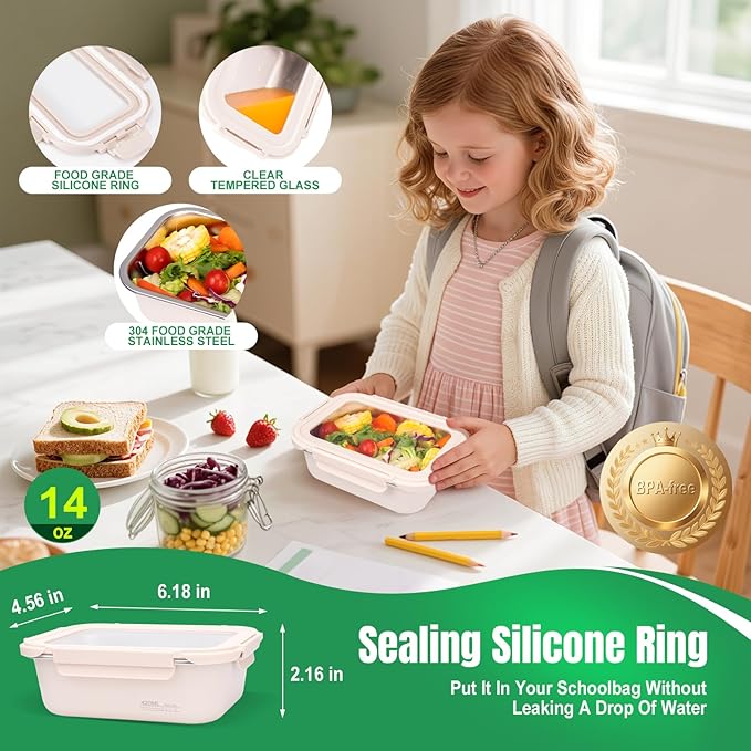 14oz Stainless Steel Lunch Box With Leakproof Glass Lids Microwavable Stainless Steel Food Storage Containers Stackable Freezer Snack Sandwich Meal Prep Metal Bento Box for Travel Picnic Rectangle