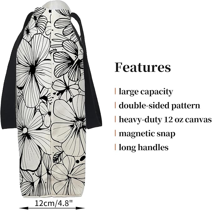 Large Tote Bag for Women, Floral Grocery Tote with Snap Thick Canvas Both Side Pattern, Gift Daily Use Shopping Travel Picnic
