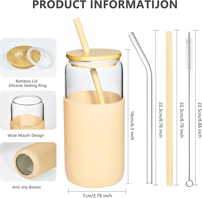 4Pcs 20oz Drinking Glasses Cups Set of 4 Beer Can Shaped Drinking Glasses with Silicone Protective Sleeve Straw Bamboo Lid Iced Coffee for Coffee Smoothie Boba Tea(Apricot*4)