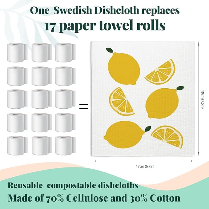 Swedish Dishcloths for Kitchen, Papaya Reusable Paper Towels Washable, Lemon Summer Swedish DishCloths for Friut, 4 Pack Dish Towels for Kitchen, No Odor Cleaning Cloths