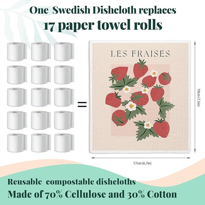 Swedish Dishcloths for Kitchen, Pink Strawberries Peach Citrons Oranges Swedish DishCloths for Friut, 4 Pack Dish Towels for Kitchen, Papaya Reusable Paper Towels Washable