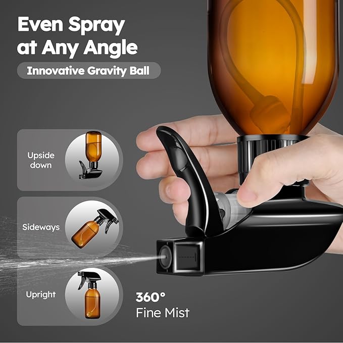 Tecohouse 360° 4 OZ Amber Glass Spray Bottles, 2 Pack Empty Refillable Containers with Adjustable Spray Nozzles, Spray Bottles for Cleaning Solutions, Plants, Hairs