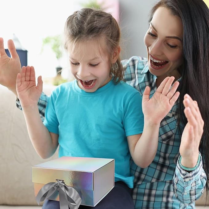 Giftgarden 4 Pack 8”x8”x4” Rainbow Silver Gift Boxes with Magnetic Lids, Collapsible Gift Wrap Box Magnet Clourse for Presents, Mothers Day, Birthday, Wedding, Bridesmaid Groomsman Proposal Box