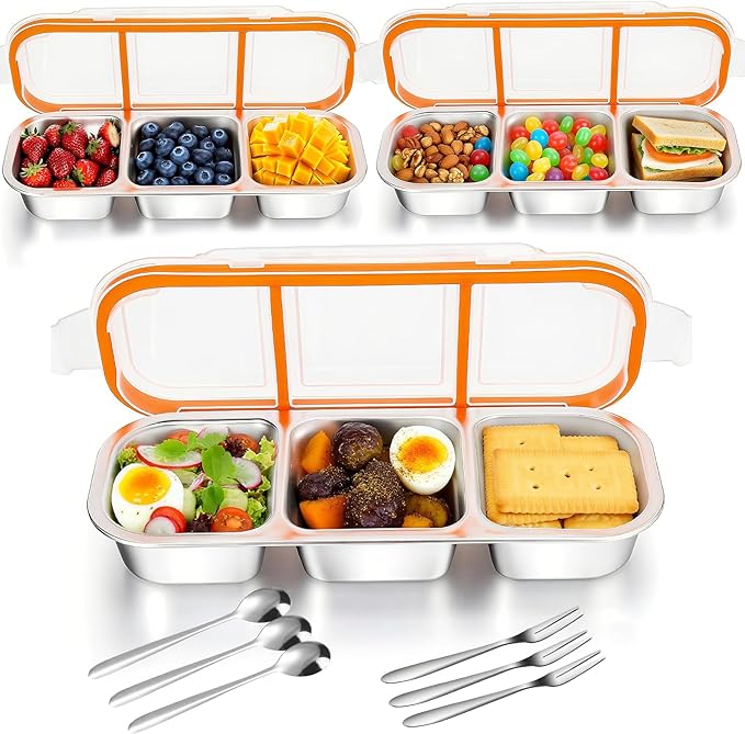 3 Pack Snack Containers with Leakproof Lids 304 Stainless Steel Bento Lunch Box Divided Food Containers for Home officer Gym Travel (3+3+3)