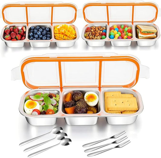 3 Pack Snack Containers with Leakproof Lids 304 Stainless Steel Bento Lunch Box Divided Food Containers for Home officer Gym Travel (3+3+3)