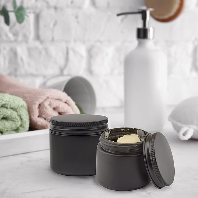 Cornucopia Brands 2-Ounce Black Coated Glass Jars (Pack of 12) Cosmetic Jars with Black Metal Lids and Black Matte Exterior