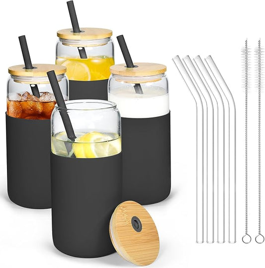 20oz Drinking Glasses Cups Set of 4 Beer Can Shaped Drinking Glasses with Silicone Protective Sleeve Straw Bamboo Lid Iced Coffee for Coffee Smoothie Boba Tea(Black*4)