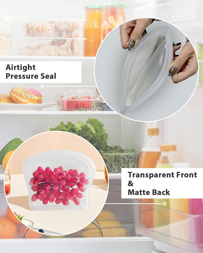 Reusable Silicone Storage Bag, 6 Packs Pocket, Snack, and Sandwich Bag, Endurables Seal-Top Silicone Bags for Food Storage, Freezer, Microwave, Oven, Dishwasher Safe (Clear & Rose Quartz)