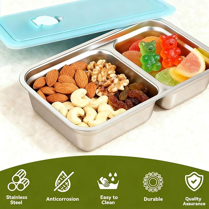 2PCS Stainless Steel Snack Containers with Lids,Reusable Double-Compartment Bento Lunch & Condiment Containers for Meal Prep, Work & Travel