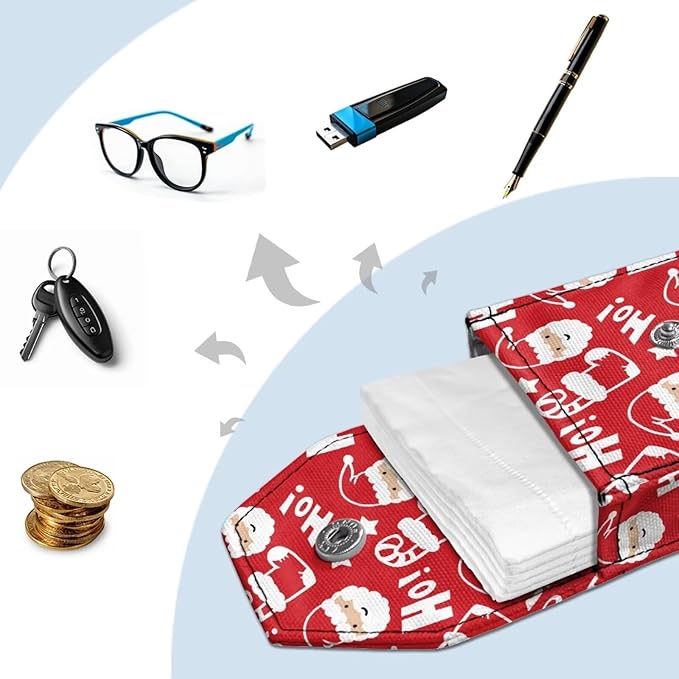 Red Santa Claus Print Purse Tissue Holder Portable Pocket Tissue Holder for Coin Keys Tissues with Hanging Rope for Christmas in July Snap Button Enclosed
