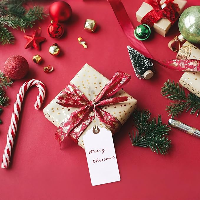 Outus 60 Pcs 4 3/4-in x 2 3/8-in Blank Large Paper Gift Tags with String and Reinforced Eyelet Wire Writable Price Tags Shipping Labels Inventory Labels (Christmas Colors)