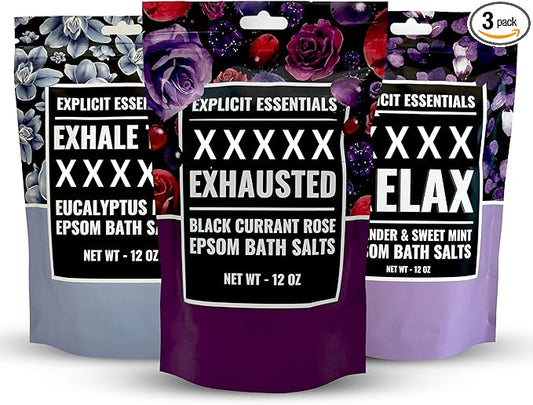 Explicit Essentials Bath Salts Gift Set | 3 Relaxing Epsom Salt Bath Soaks | Aromatherapy Epsom Salt Variety Pack for Stress Relief, Muscle Recovery & Self-Care Gifts