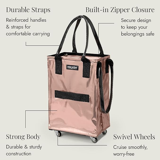 HULKEN (Small, Rose Gold) Reusable Grocery Bag On Wheels, Shopping Trolley, Rolling Tote, Zipper Closure, Lightweight, Carries Up to 66 lb, Folds Flat