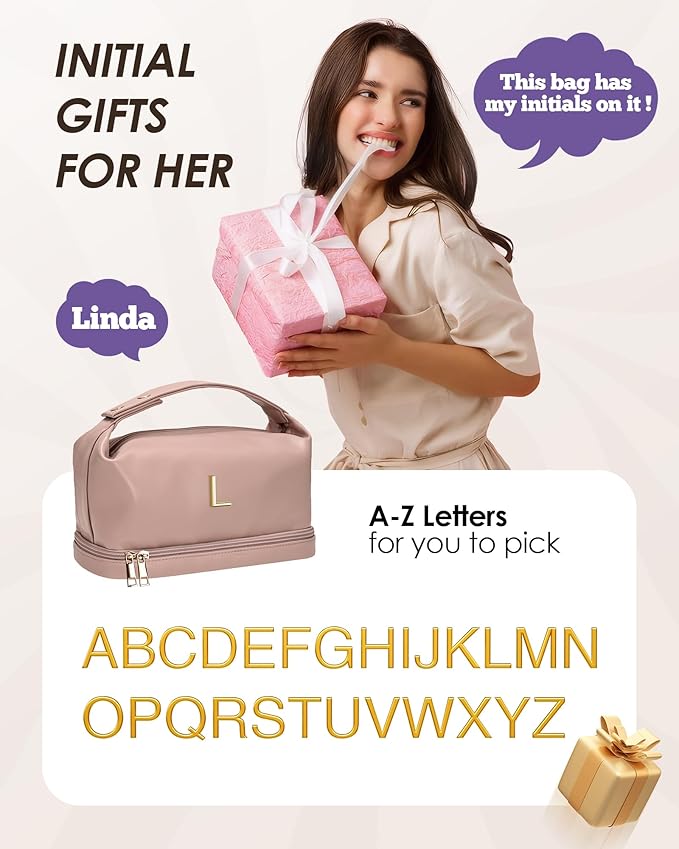 Makeup Bag Personalized Bags with Handle, Waterproof Double Layer Cosmetic Bag, Large Capacity PU Leather Makeup Bags Letter Travel Toiletry Bag with Makeup Brush Organizer