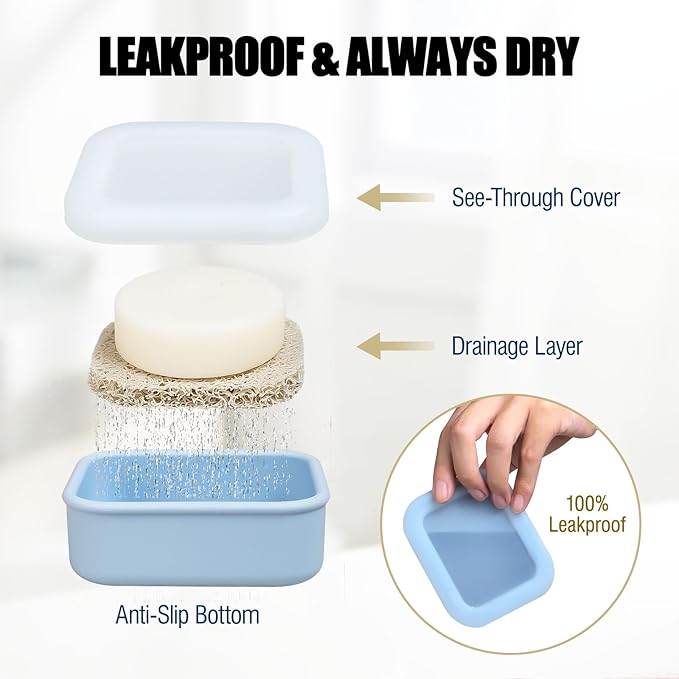 OTHIX 2 Pack Leakproof Silicone Travel Soap Case, Small Bar Soap Holder Container with Drainage Layer & Mini Portable Soap Dish for Shampoo Bar, Bathroom, Gym, Travel, Camping (Baby Blue & Sage Green)