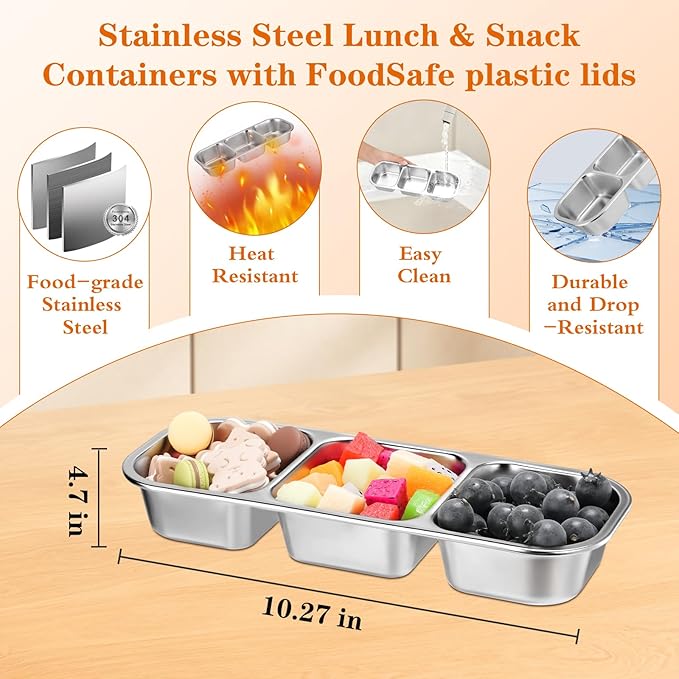 10 Pack Stainless Steel Snack Containers with Lids - 3 Compartments Reusable Metal Bento Boxes Divided Food Storage Containers For School,Office Home And Travel Stackable Lunch Boxes