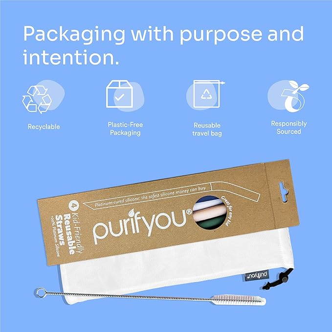 Platinum Silicone Straws for Kids | Set of 4 | 9 inch Replacement Straw for Tumbler & Cups | Food Grade Silicone, BPA free | Soft & Reusable with Breathable Transport Case & Cleaning Brush by purifyou