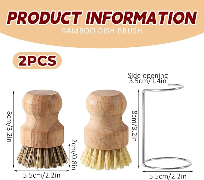 Bamboo Brush for Dishes, 2Pcs Bamboo Dish Brushes Natural Dish Scrubber with 2 Drainage Racks Wooden Dishwashing Brush for Washing Dishes, Pots, Pans and Sink