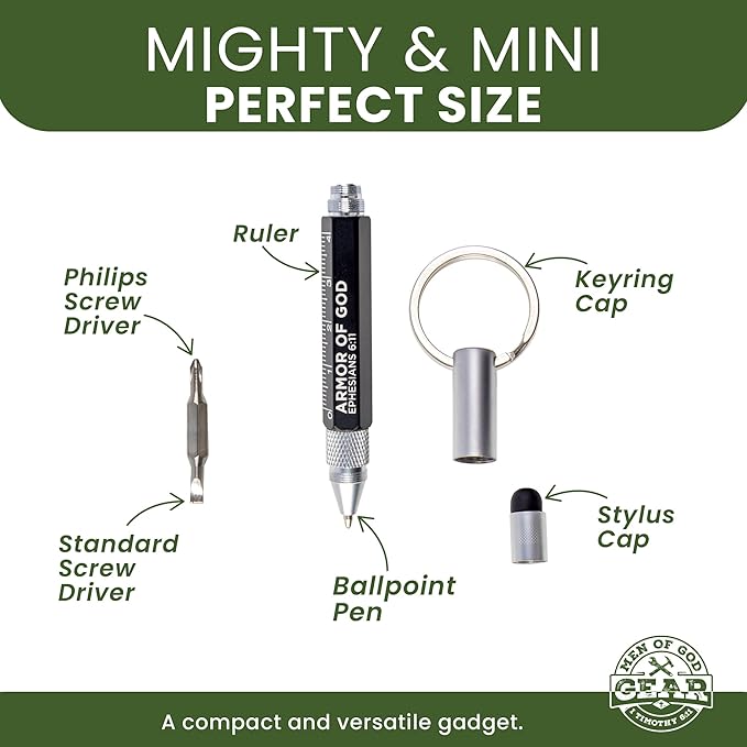 5-in-1 Mini Multitool Pen - Armor of God, Eph 6:11 Scripture - Dual Sided Mini Tool Keychain w/Ball Point Pen, Cm Ruler, Screwdriver Bits & More - Christian Pocket Tools For Men