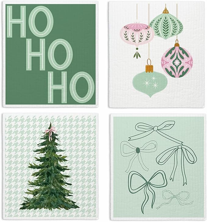 Swedish Dishcloths for Kitchen, Christmas Xmas Green Bow Winter Kitchen Dish Towels for Washing Dishes, 4 Pack Reusable Paper Towels, Sponge Cloths for Holiday Home Cleaning Baking Cooking