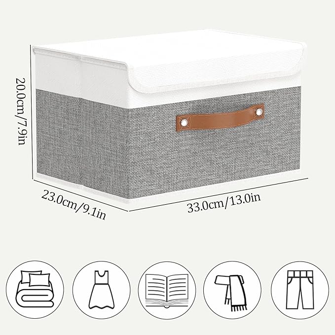 OUTBROS Large Foldable Storage Bins, Linen Fabric Box with Lid, Organiser for Shelves, Cubes For Towels, Clothes, 13 x 9.1 x 7.9 inch (White/Grey, 1-Pack)