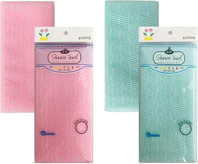 Premium Exfoliating Washcloth Towel 2 Color-Mint Pink Korean Loofah Bath Sponge Long Back Scrubber African Bath Sponge African Long Net for Shower/It Becomes Softer as You use.by NOPIGO