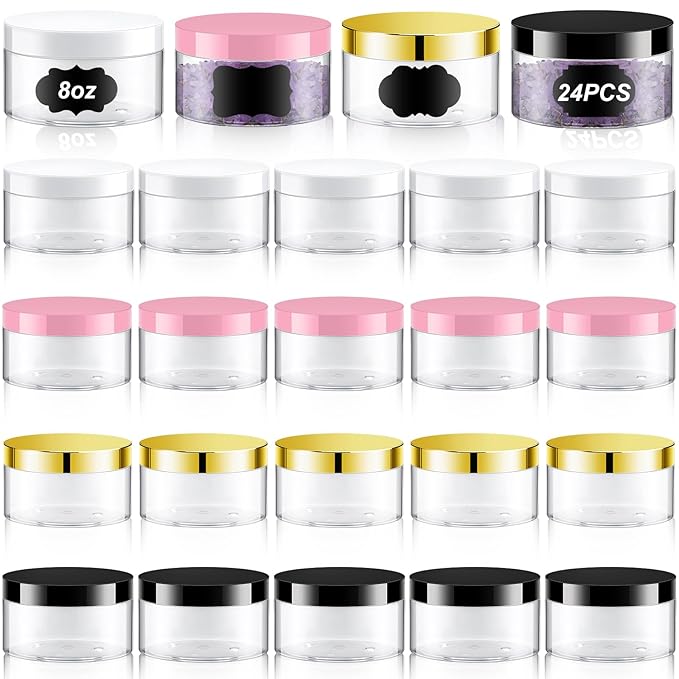 Dandat 24 Pcs 8 oz Plastic Jar Container with Lid and Label Refillable Empty Round Clear with Colourful PET Cosmetic Sample Containers for Lotion, Cream, Ointments, Body Butter, Makeup, Travel Storage