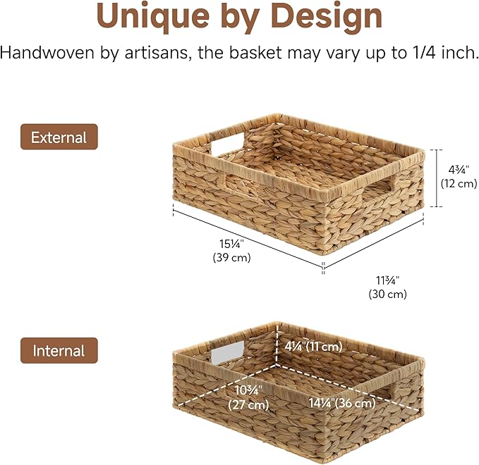 StorageWorks Pantry Baskets, Wicker Storage Baskets for Organizing, Shelves, Pantry Organizers and Storage, Water Hyacinth, 15½"L x 11¾"W x 4 ¾"H