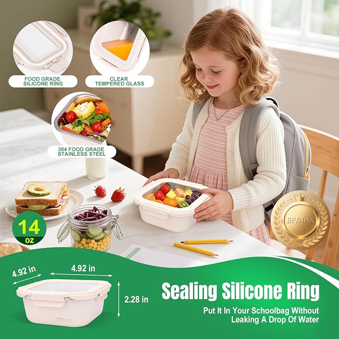 14oz Stainless Steel Lunch Box With Leakproof Tempered Glass Lids Microwavable Stainless Steel Food Storage Containers Stackable Freezer Fruit Snack Meal Prep Metal Bento Box for Travel Picnic Square