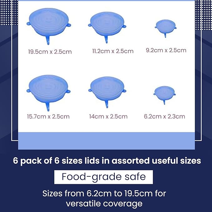 Silicone Stretch Lids - Bowl Covers - Reusable Food Storage - Microwave Safe Silicone Lids - Food, Can Covers - Kitchen Gadgets - Dishwasher Safe Elastic - Pack of 6