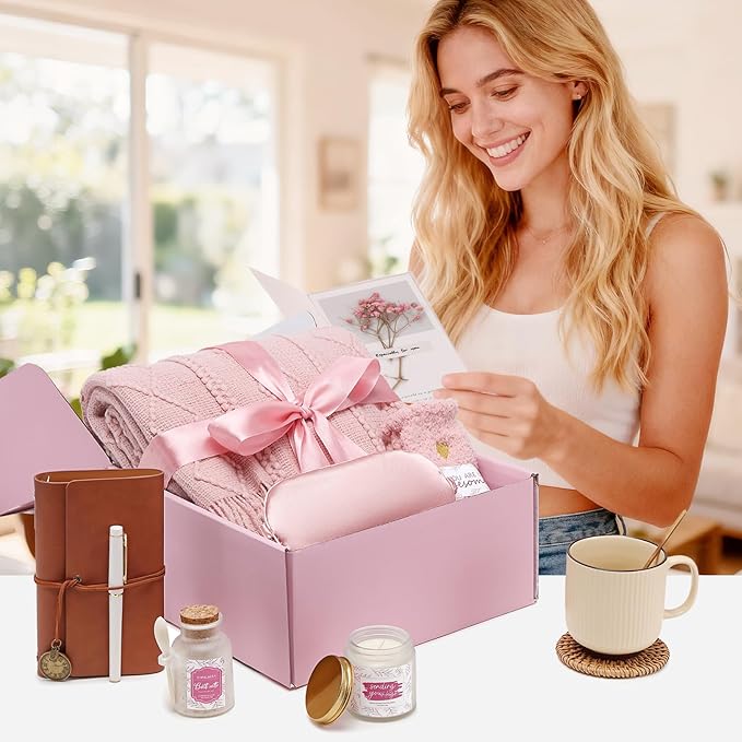 Get Well Gifts for Women Self Care Gift Basket - Birthday Gifts for Women Spa Care Package - Sympathy Inspirational Thinking of You Gift Set for Her Mom Sister Friend Wife Girlfriend (Pink)