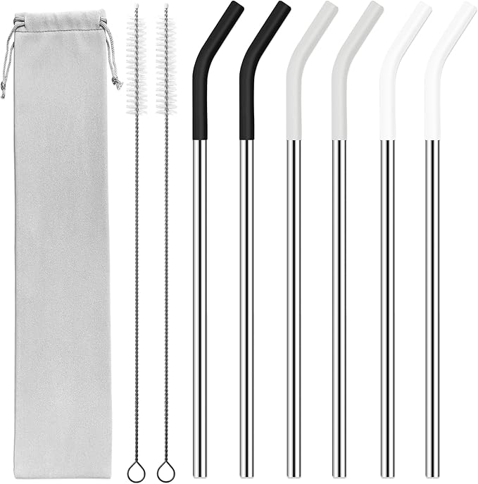 40 oz Stainless Metal Straws for 40 oz Stanley Tumbler, 6Pcs Reusable Straight Long Steel Straws with 12 Silicone Tips and 2 Straw Cleaning Brushes(3Color1, 40oz)