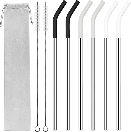 40 oz Stainless Metal Straws for 40 oz Stanley Tumbler, 6Pcs Reusable Straight Long Steel Straws with 12 Silicone Tips and 2 Straw Cleaning Brushes(3Color1, 40oz)