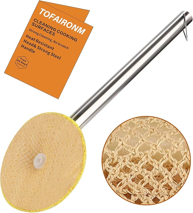 Kitchen Scrub Brush with Handle, Non-Scratch Cleaning Brush for Wok, Cast Iron, Pans, Oven Racks, Air Fryer, Mason Jars, Food Porcessors - Long Handle Model