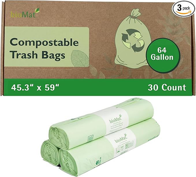 bioMat 64 Gallon Compostable Compost Liners, 30 Count, Extra-Large Compost Bags for Bins, BPI & CMA and ASTM D6400 Certified, Eco-Friendly Liners for Food Waste