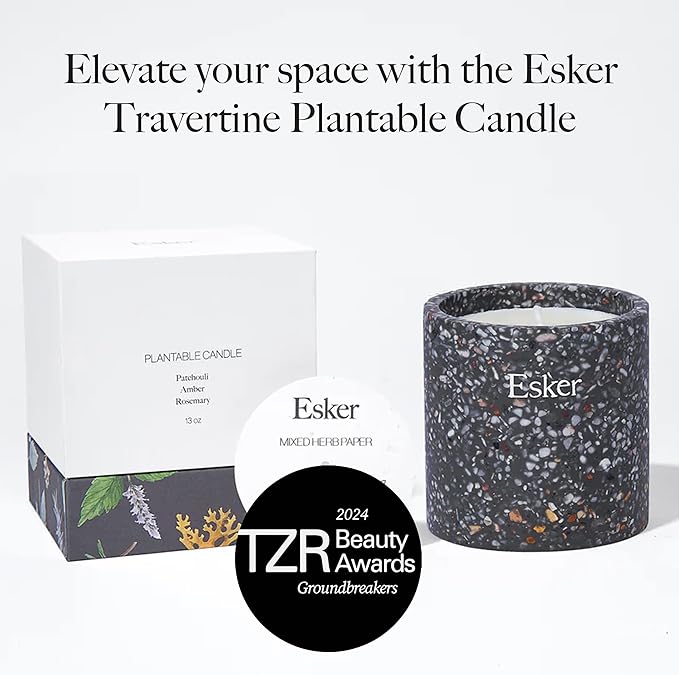Esker Travertine Plantable Candle – Hand-Poured Soy Wax with Essential Oils, Eco-Friendly Reusable Planter, Includes Wildflower Seed Paper for Sustainable Gifting
