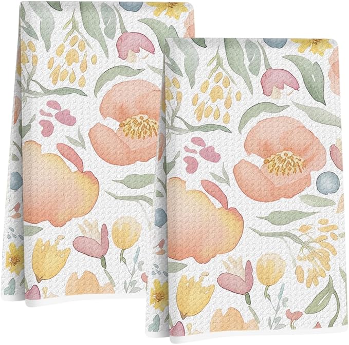 2Pcs Watercolor Floral Kitchen Towels 24x14 Inch, Spring Summer Flower Waffle Hand Towels for Kitchen Home Farmhouse Decor, Absorbent Microfiber Dish Cloth Tea Towel, Housewarming Gifts for Women