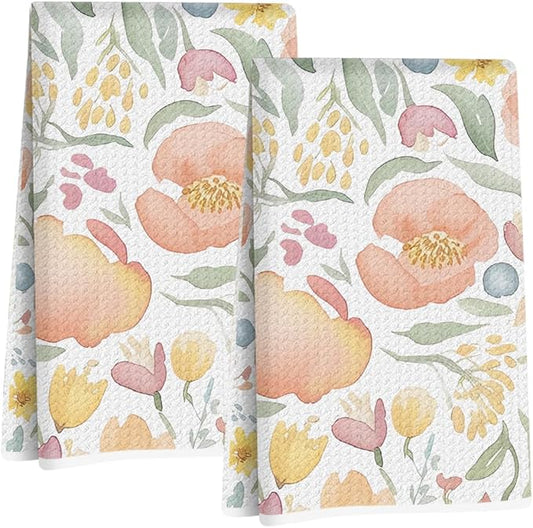 2Pcs Watercolor Floral Kitchen Towels 24x14 Inch, Spring Summer Flower Waffle Hand Towels for Kitchen Home Farmhouse Decor, Absorbent Microfiber Dish Cloth Tea Towel, Housewarming Gifts for Women