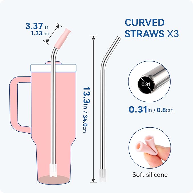 Reusable Stainless Steel Straws with Silicone Tip for Stanley 40oz, Metal Drinking Straws for 40oz Tumbler,3 Bent Tubes & 6 Tips& 1 Cleanr Brush (White)