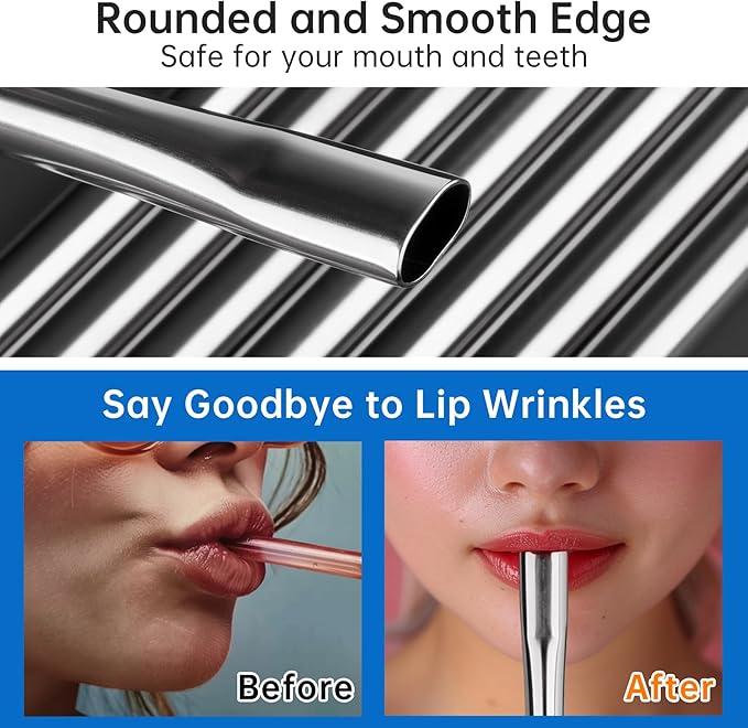 NiHome 8-Pack Anti-Wrinkle Flat Tip Stainless Steel Straws with 2 Brushes & Portable Storage Bag, 4 Lengths for 14oz 20oz 30oz 40oz Tumblers, Dishwasher Safe Lip-Friendly Reusable Drinking Straws