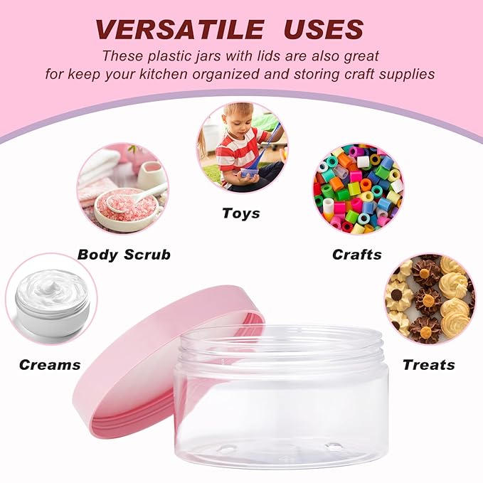 Dandat 24 Pcs 8 oz Plastic Jar Container with Lid and Label Refillable Empty Round Clear with Pink PET Cosmetic Sample Containers for Lotion, Cream, Ointments, Body Butter, Makeup, Travel Storage