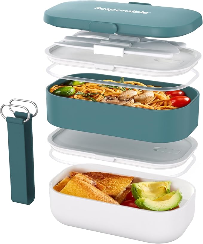Responsible Products Leak Resistant Bento Box with Tableware for Adult - Teens, Insulated Lunch Box for Women - Men - Girls - Boys, BPA Free, Dishwasher Safe, Microwave Safe, Freezer Safe, 46 oz