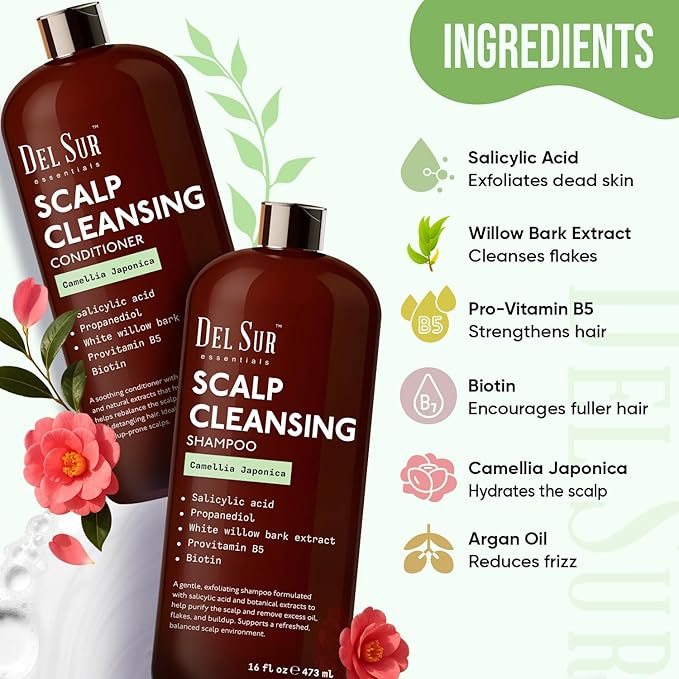 DEL SUR Scalp Cleansing Shampoo and Conditioner Set | 16 fl oz Each | with Camellia Japonica, Salicylic Acid & Willow Bark | Clarifying Oil Control for Build Up & Oily Scalp