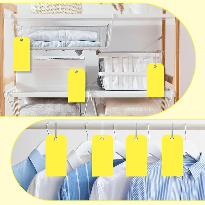 200 PCS 4 3/4" x 2 3/8" Neon Color Shipping Tags with Wire Paper Heavy Duty Hang Tags with Reinforcement Holes Writable Luggage Tag with String Durable Marking Tags (Neon Yellow, 4 3/4" x 2 3/8")