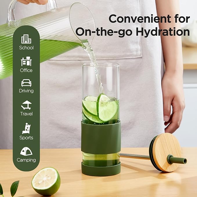 Glass Cups With Lids and Straws, 20oz Reusable Iced Coffee Cup, Olive Glass Tumbler with Silicone Sleeve, Perfect for Fruity Drinks, Iced Tea, or Smoothies