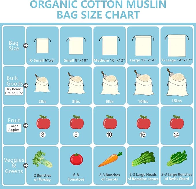 TOPDesign 12-Pack 8” x 10” Reusable Produce Bags, Muslin Bags with Drawstrings for Shopping & Storage, 100% Natural Cotton, Washable, Biodegradable, Food Safe
