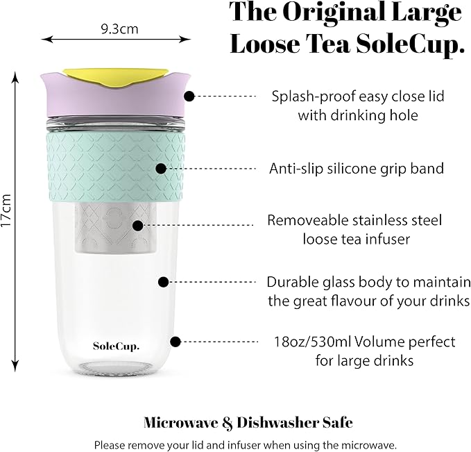 Large Travel Mug Loose Tea Infuser - Detachable Tea Strainer with Spill Proof Lid - 18oz/530ml BPA-Free Reusable Glass Travel Coffee Cup with Silicone Band (Ice Cream, 18oz)